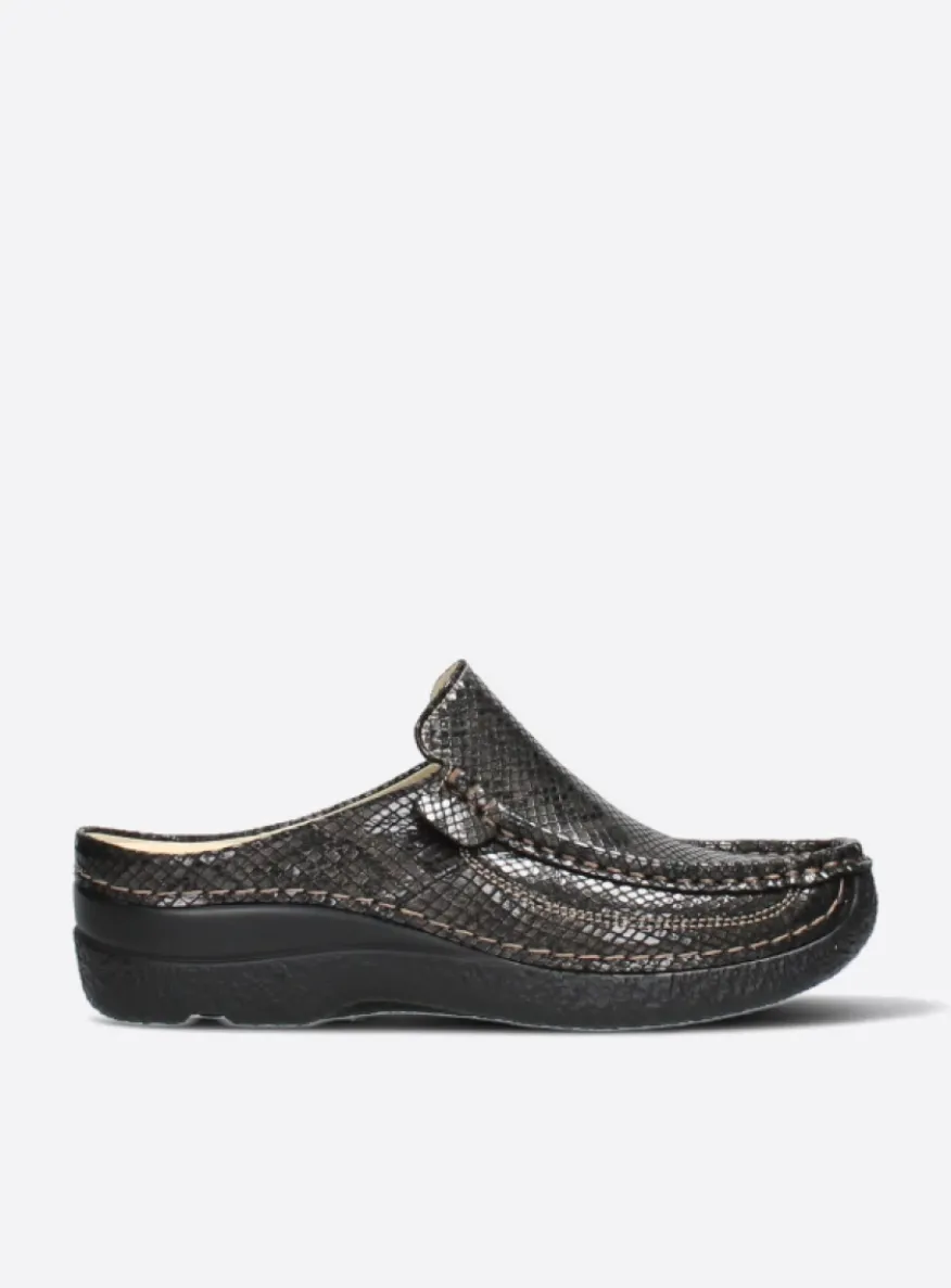 Roll Slide - slangenprint donkerbruin leer